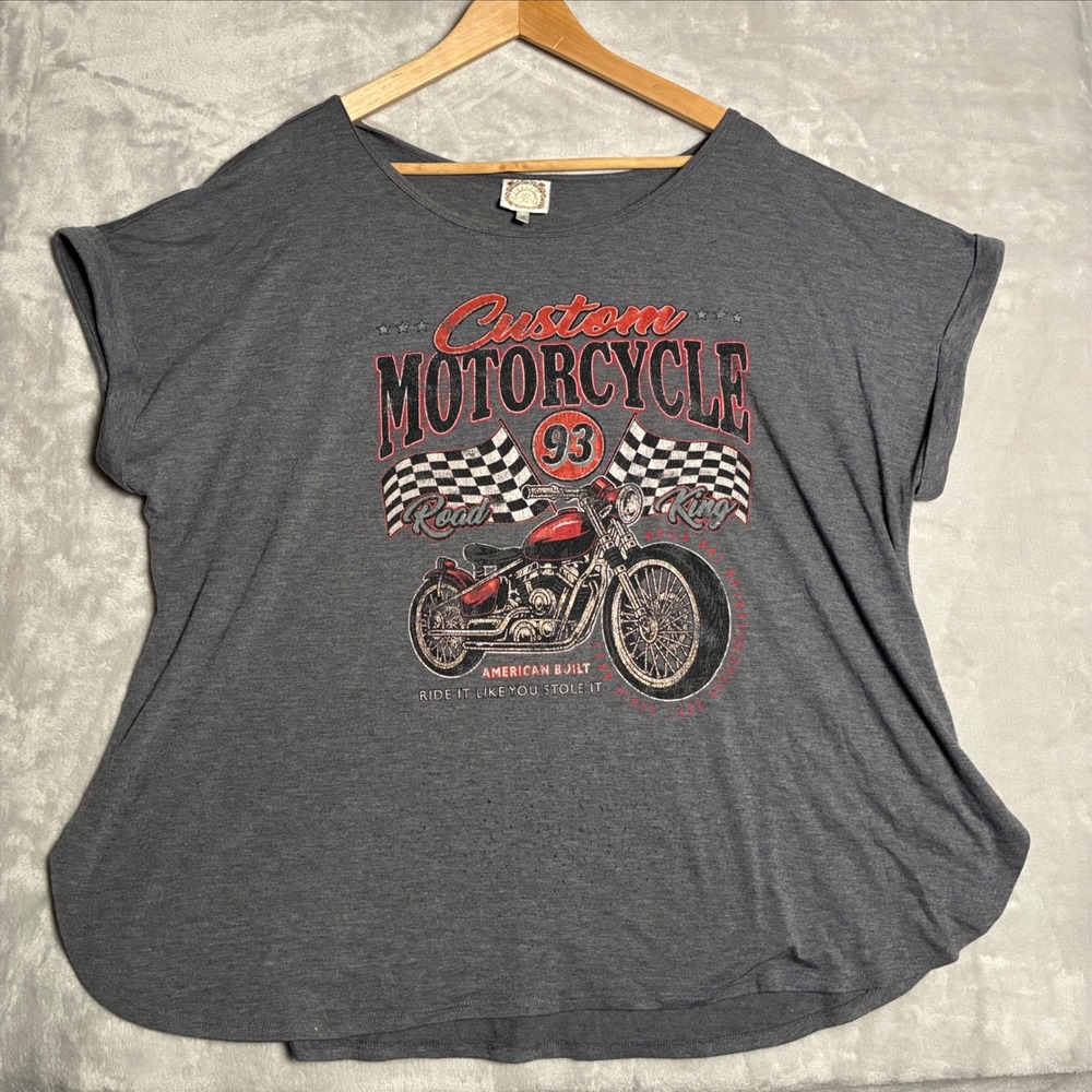 Rose & Olive Womens Custom Motorcycle Graphic Tee Gray Biker Shirt 2X